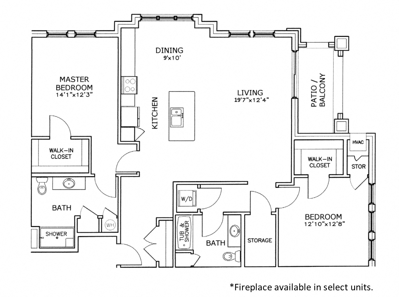 Floor plan for 2 beds, 2 baths, 1349 sqft
